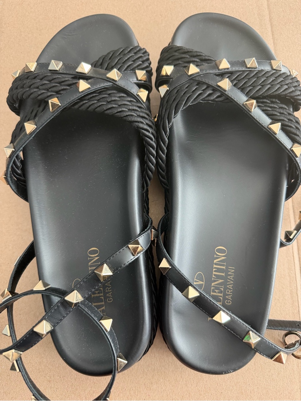 Valentino Garavani Black Braided Studded Slide Sandals